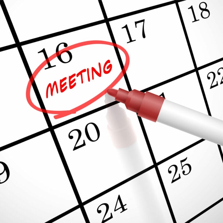 meeting word circle marked on a calendar by a red pen